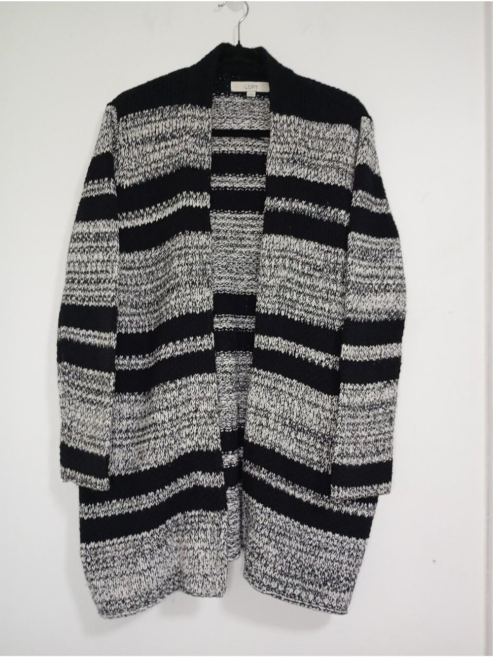 Cardigan Open-Front Sweater Black White Striped Pockets Loft S, cotton blend